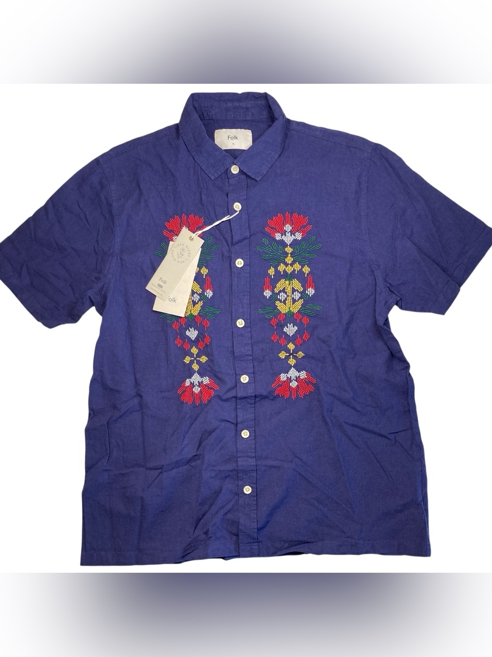 FOLK Embroidered Men's Medium Linen blend Shirt Mast Button Front NWT